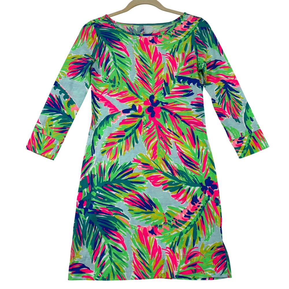 Lilly Pulitzer Hollee T-Shirt Dress Size XXS Green Pink Tropical Pima Cotton